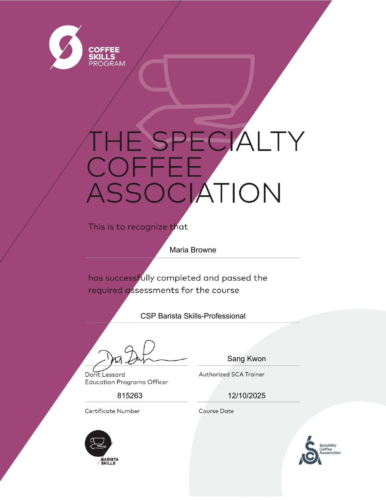 Barista Skills — Professional certificate
