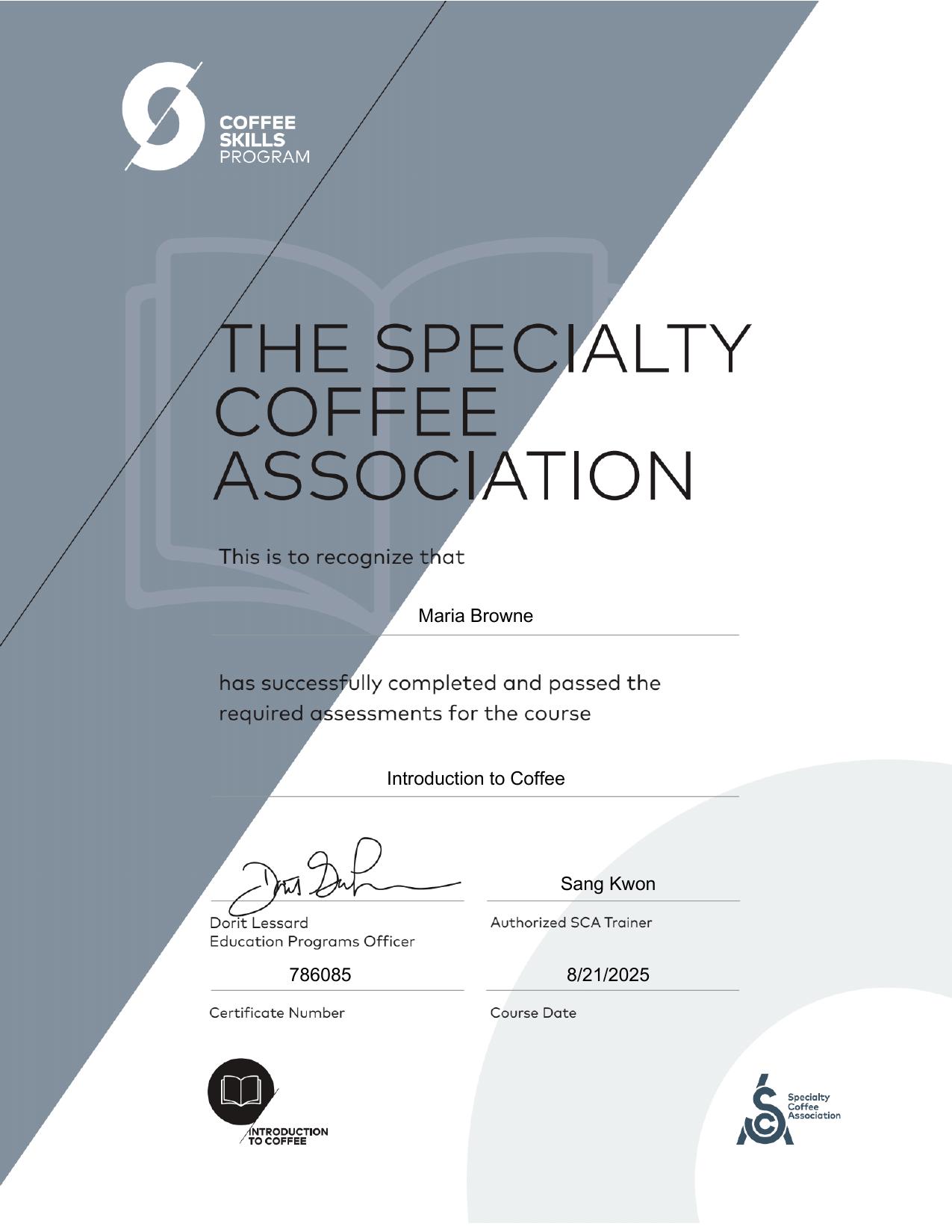 Introduction to Coffee certificate